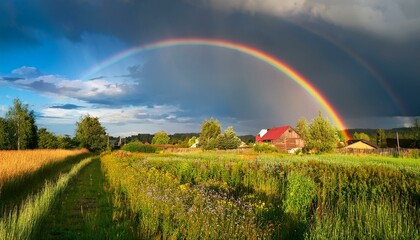 Naklejka premium Rural landscape with a rainbow after the summer rain