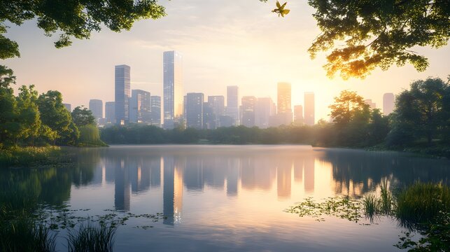 Metropolis skyline at dawn, a sprawling park with lakes and trees, glass towers reflecting sunlight, eco-urbanism theme, 3D illustration, soft pastel colors, cinematic style