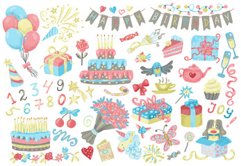 Design set with watercolor objects and elements for happy birthday celebration. Holiday anniversary and greetings concept, colorful cartoon doodles and cliparts.