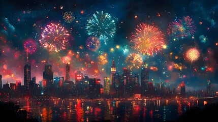 Obraz premium Psychedelic cityscape with multicolored fireworks bursting in intricate patterns, vivid neon reflections, surreal sky blending with the urban environment, watercolor style