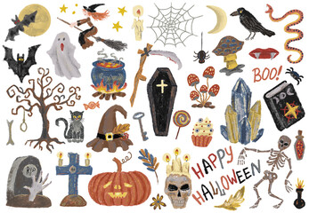 Design set with watercolor Halloween objects. Mystic, esoteric and gothic concept. Season holiday cartoon doodles and cliparts