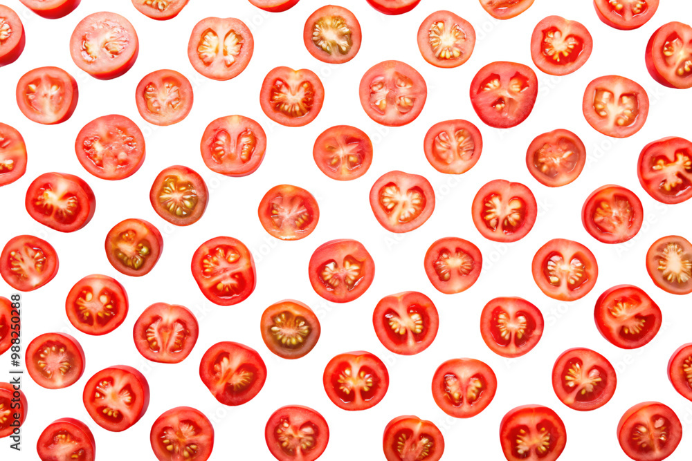 Poster a pattern of sliced cherry tomatoes on a transparent background, showcasing the vibrant red color an