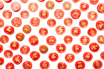 A pattern of sliced cherry tomatoes on a transparent background, showcasing the vibrant red color and detailed interior seeds of each tomato slice