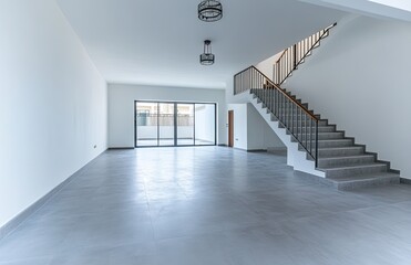 A large empty living room with stairs in the center of Dubai, white walls and gray concrete floor. The photo was taken from an angle looking at it from behind the staircase to see its entire length.