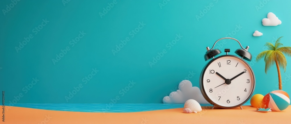 Wall mural a beach scene with alarm clock on the sand, time to rest travel and relaxing on the vacation.