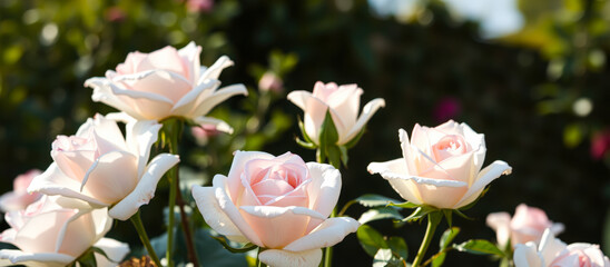 Close-up of a cluster of pastel pink roses in bloom