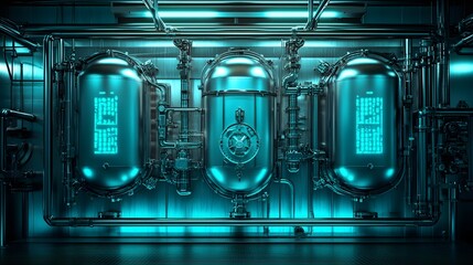 Obraz premium Top-down shot of a stainless steel tank with complex valve mechanisms, glowing softly under teal neon lights, Cyberpunk, Photorealism, Cool tones, Detailed metallic textures with soft reflections