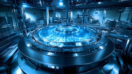 Wide-angle view of a stainless steel tank with connected conveyor belts, industrial machinery in a food processing plant, sharp lines, and cold tones