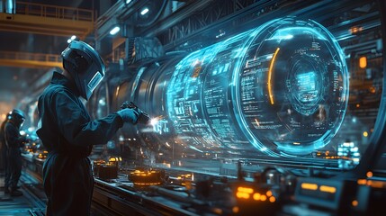 Workers in protective gear welding a stainless steel tank in a factory