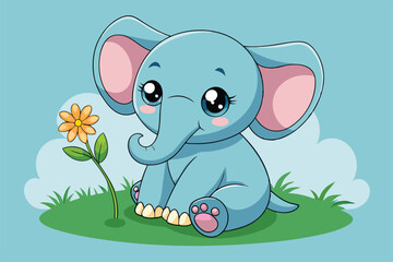 Obraz premium A cute baby elephant girl sits happily on the grass, gazing at a vibrant flower, surrounded by a cheerful blue sky.
