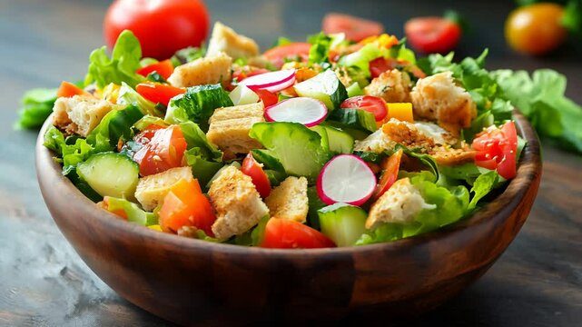 Traditional Arabic fattoush salad on plate. Middle eastern dish pita bread, vegetables, herbs, olive oil, and a dressing made with lemon and sumac