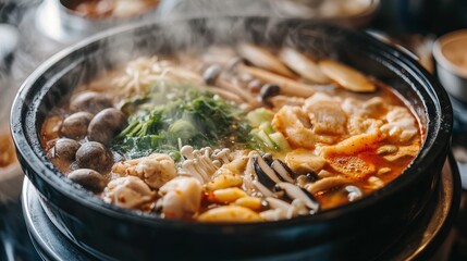 Vibrant Korean Seafood Jeongol Hot Pot with Steam - Top-Down View