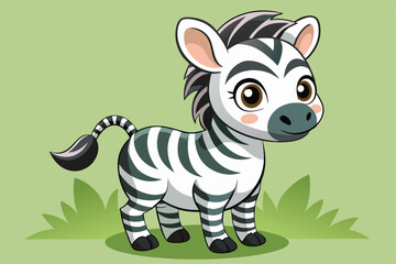 A cute baby zebra with big eyes and a playful expression stands among the grass, showcasing its distinctive black and white stripes.