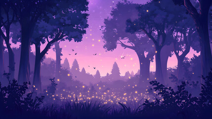 A magical forest background with glowing fireflies, tall mystical trees, and a twilight sky in shades of violet