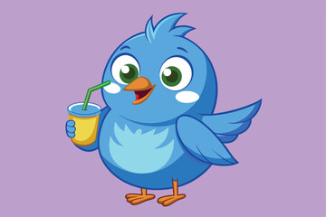 Fototapeta premium A cheerful blue cartoon bird happily holds a colorful drink with a straw, radiating joy and warmth in a vibrant setting.