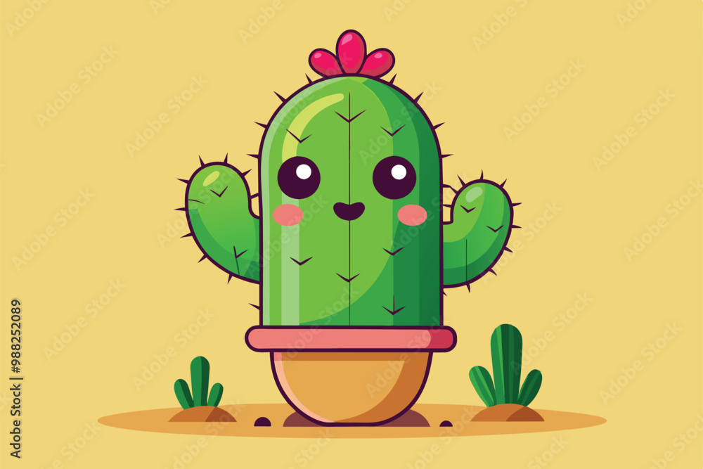 Poster a delightful cactus character in a pot, showcasing a cheerful expression and vibrant colors against 