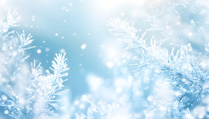 A winter themed background with frosted patterns, snowflakes, and a light blue white gradient