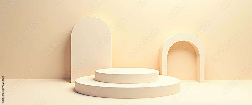 Poster minimalist beige product display with two circular platforms and curved walls