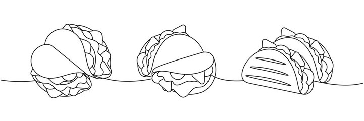 Grilled beef tacos one line continuous drawing. Tacos with meat, vegetable and tortilla. Vector linear illustration.