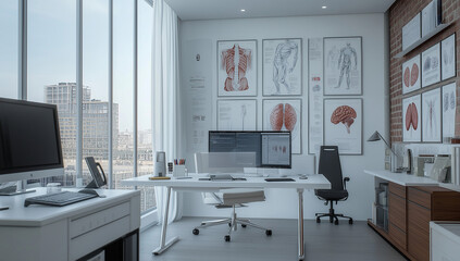 This is a modern office with a desk, computers, and anatomical charts on the wall