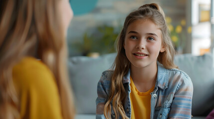 Child attending therapy session with psychologist. Cheerful teenage girl talks to female psychologist talking about positive emotions she felt. Child and the therapist are sitting