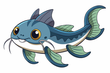 Fototapeta premium A cute cartoon catfish swims joyfully, showcasing vibrant colors and playful features against a clean, white backdrop.