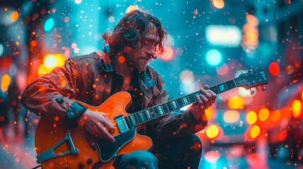 Obraz premium Musician with long hair playing a guitar on a city street with colorful bokeh lights. Concepts of street art, urban culture, and musical passion.