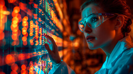Curious scientist wearing safety glasses interacting with a neon-lit control panel. Concepts of scientific research, technology, and futuristic exploration.