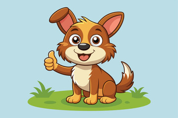 A cheerful cartoon dog is sitting on green grass, smiling and giving a thumbs up with one paw against a clear blue background.
