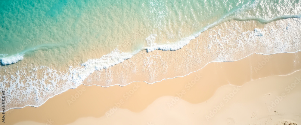 Sticker Aerial View of Turquoise Water Crashing on White Sand Beach