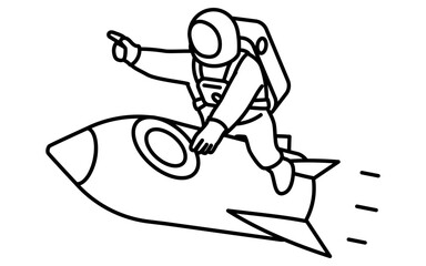 宇宙飛行士がロケットに乗って飛ぶシンプルな白黒線画、アイソメイラスト