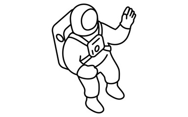 手を振る宇宙飛行士のシンプルな白黒線画、アイソメイラスト