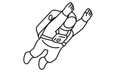 手を伸ばして浮遊する宇宙飛行士のシンプルな白黒線画、アイソメイラスト