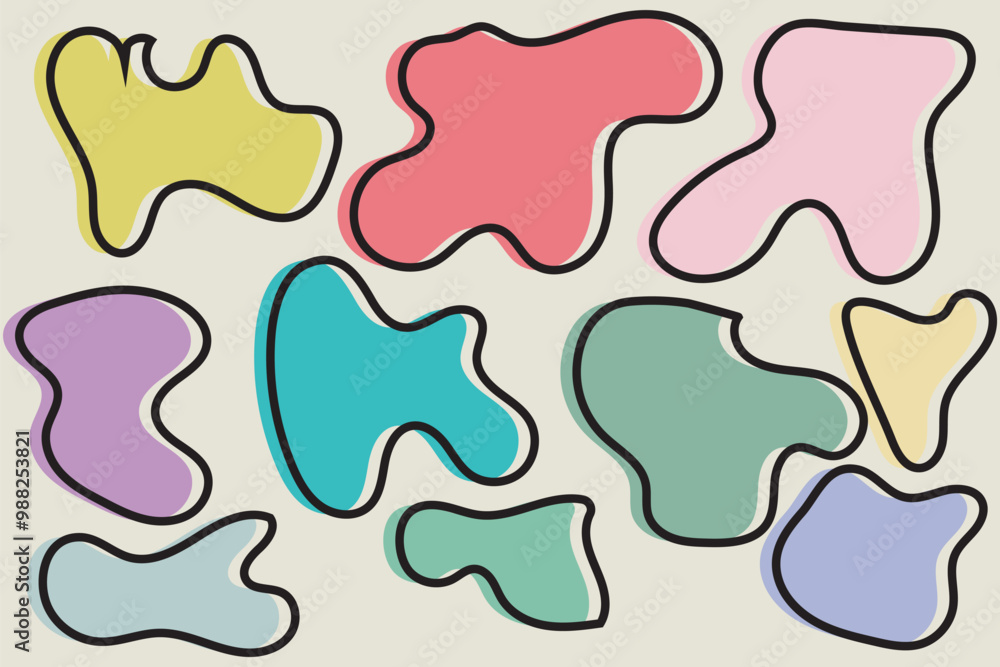 Poster Organic amoeba blob shape abstract green color with line vector illustration isolated on transparent background. Set of irregular round blot form graphic element. Doodle drops with outline circle