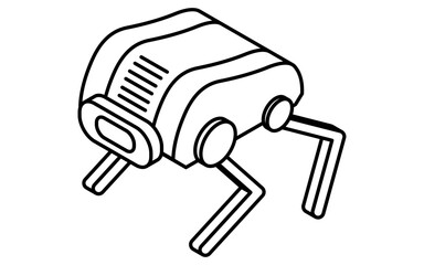 無人探査機四足歩行ロボットのシンプルな白黒線画、アイソメイラスト