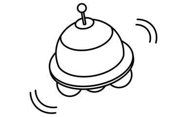 UFOのシンプルな白黒線画、アイソメイラスト