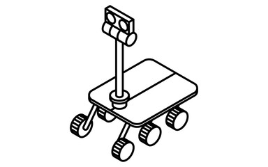 無人探査機のシンプルな白黒線画、アイソメイラスト