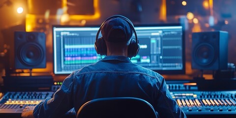 Male artist produces music in soundproof studio with computer mixing desk and audio engineer. Explore music production process, recording studio environment, and collaboration