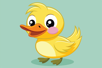 Fototapeta premium A cheerful yellow cartoon duck stands with a bright expression, showcasing its adorable features and charming personality against a light green backdrop.