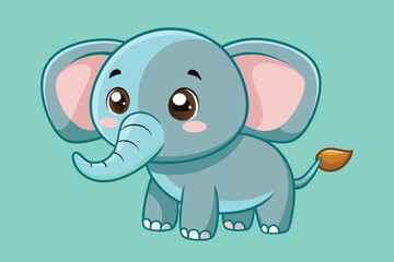 Fototapeta premium A charming cartoon elephant with big eyes and rosy cheeks appears cheerful, set against a tranquil turquoise background.