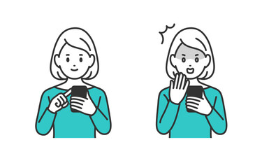 スマホを見る･ショックのポーズをする若い女性のセット【人物ベクターイラスト素材】