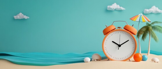 A beach scene with alarm clock on the sand, time to rest travel and relaxing on the vacation.