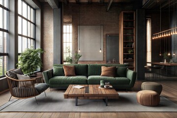 Photo style Living room interior in loft, industrial style, 3d render  