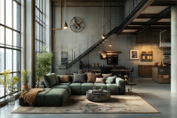 Photo style Living room interior in loft, industrial style, 3d render  
