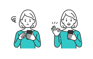 スマホを見て悩む･OKサインのポーズをする若い女性のセット【人物ベクターイラスト素材】