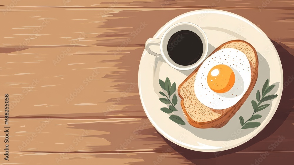 Aufkleber minimalistic breakfast setup - fried egg on wholegrain toast and coffee on wooden table with copy sp