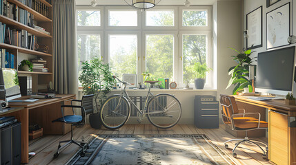 A home office with a bicycle and a wide white wall