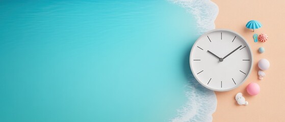 A beach scene with alarm clock on the sand, time to rest travel and relaxing on the vacation.