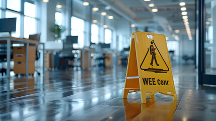 Close up of yellow standing plastic sign with human figure that slips and falls and words Caution Wet Floor placed by janitorial service in empty clean sunny office with desks, chai