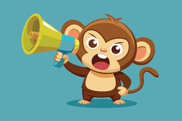 A cartoon monkey excitedly shouts into a megaphone, showcasing its playful and lively personality against a colorful blue backdrop.